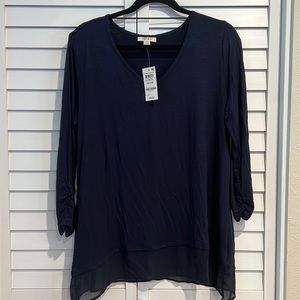 NWT Style & Co. V-neck jersey knit top, chiffon hem, ruched 3/4 sleeve top.